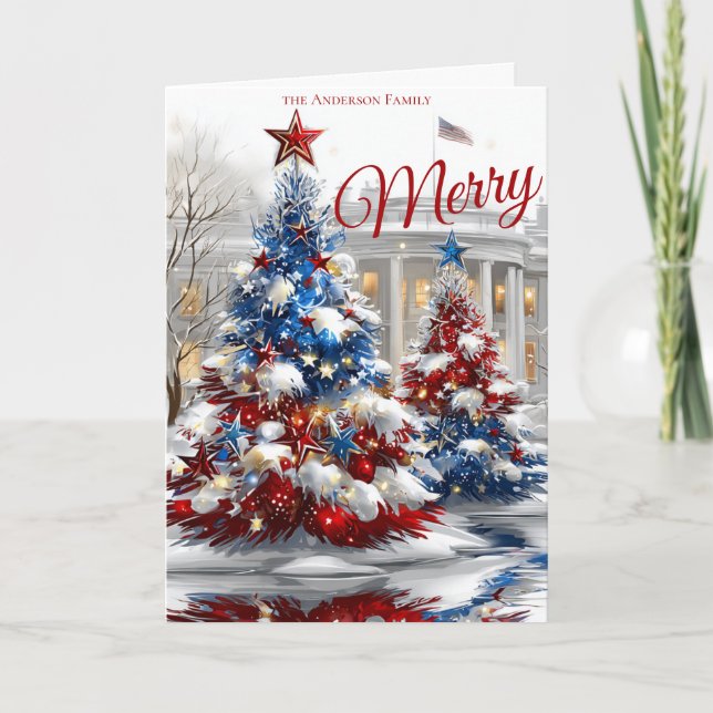 Cartão Árvores de Natal Festivas Vermelho Branco Azul (Frente)