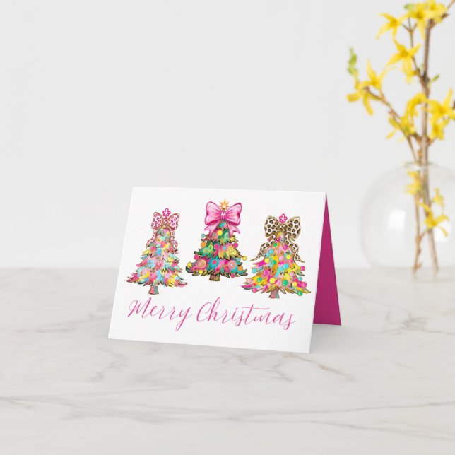 Cartão Árvores de Natal Rosa e Verde Préppy (Flor Amarela)