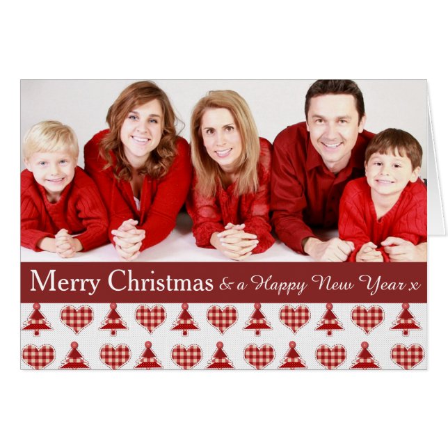 Cartão Árvores de Natal Vermelhas Xadrez Personalizado co (Frente Horizontal)