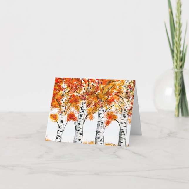 Cartão Árvores de Pássaros Caindo Folhas de Laranja do ou (Frente)