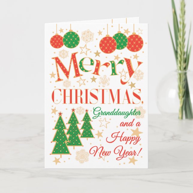 Cartão Árvores e ornamentos de Natal para neta (Frente)