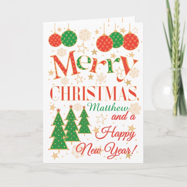 Cartão Árvores e ornamentos de Natal Personalizados (Frente)