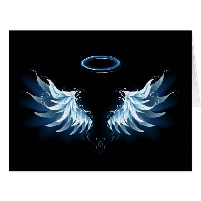 Cartão Asas Anjos Azuis Brilhantes em fundo preto (Frente horizontal)