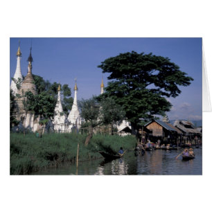 Cartão Ásia, Mianmar, Lago Inle. Um mercado flutuante.