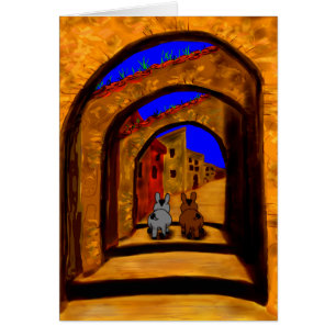 Cartão asnos que andam sob arcos