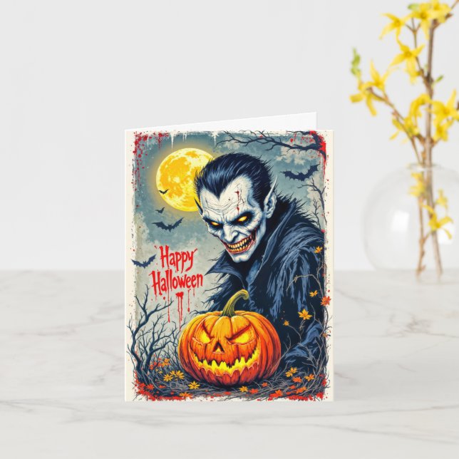 Cartão Assustador Vampiro Vintage Feliz Halloween (Flor Amarela)