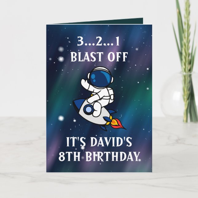 Cartão Astronauta bonito, estrelado, preto e verde, oitav (Frente)