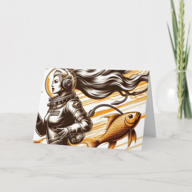 Cartão Astronauta e peixes retrô Ocasião (Frente)