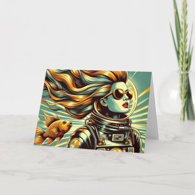 Cartão Astronauta e peixes retrô Ocasião (Frente)