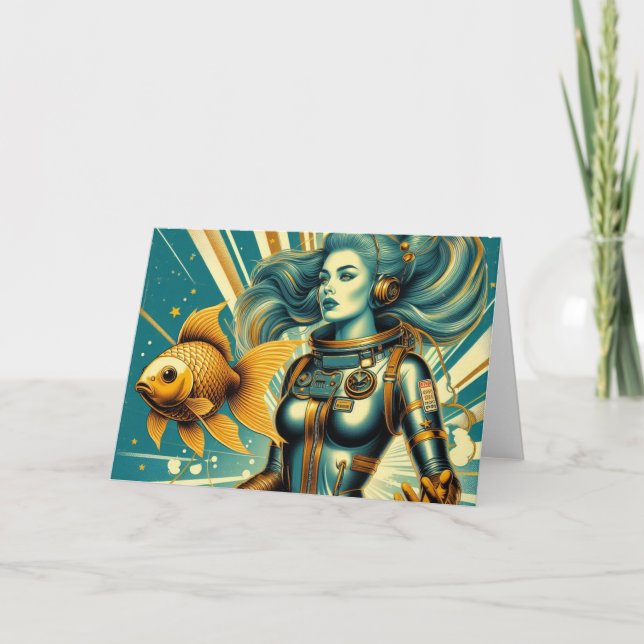 Cartão Astronauta e peixes retrô Ocasião (Frente)