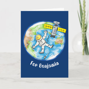 Cartão Astronauta engraçado no espaço e na banda desenh