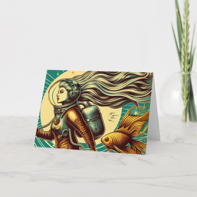 Cartão Astronauta feminina e goldfish Retro All Occasion (Frente)
