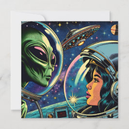 Cartão Astronauta feminino encontra Alienígena extraterre