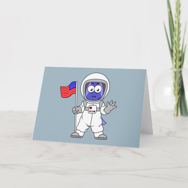 Cartão Astronauta Parasaurolophus Segurando Bandeira Amer (Frente)