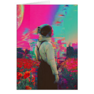 Cartão astronauta reluzente num campo de papoila Todas as