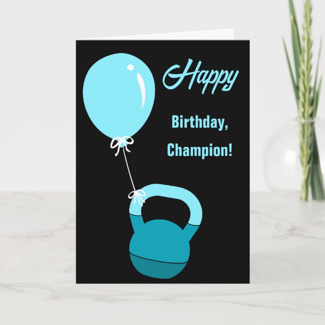 Cartão Athlete Kettlebell Balloon Happy Birthday Champion (Frente)