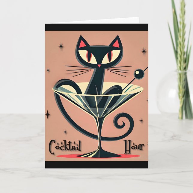Cartão Atomic Futuristic Space Age Black Cat Martini (Frente)