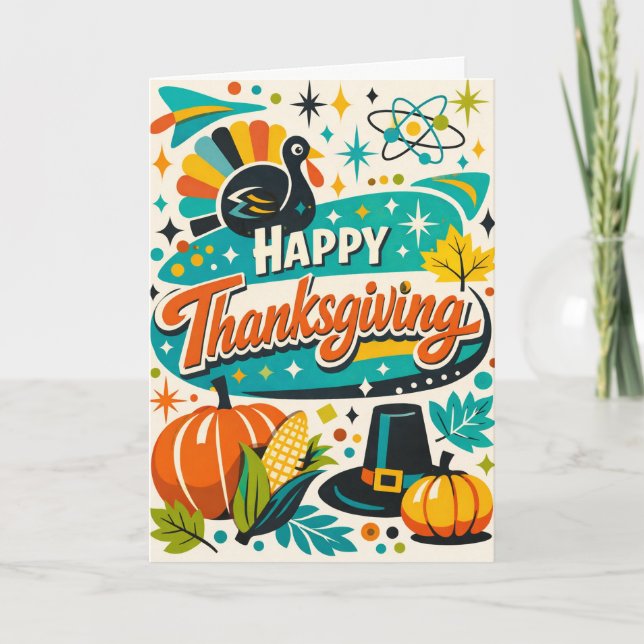 Cartão Atomic Mid Century Thanksgiving Turkey Pumpkin (Frente)