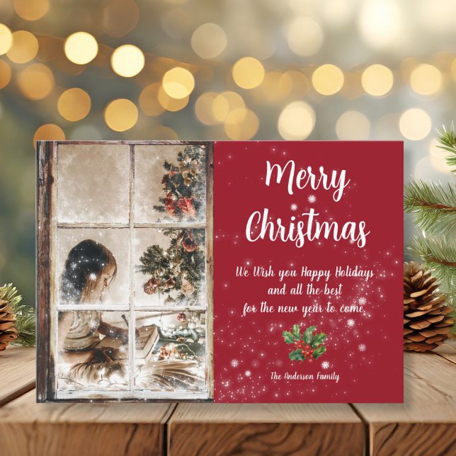 Cartão Através do Fosco, do Windows e da fotografia de ne (Through Frosted Windows and snow photo Card)