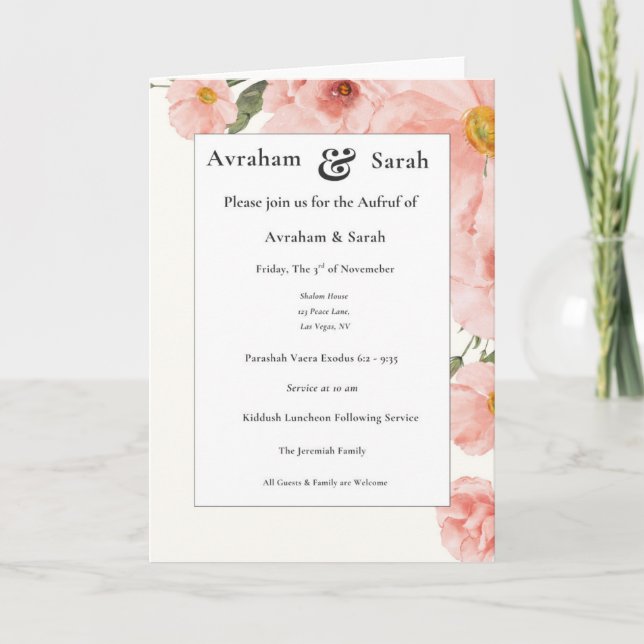 Cartão Aufruf Pink Watercolor Wedding Jewish Invitation (Frente)