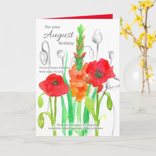 Cartão August Birthday Gladiolus Red Poppy Birth Flores (Flor Amarela)