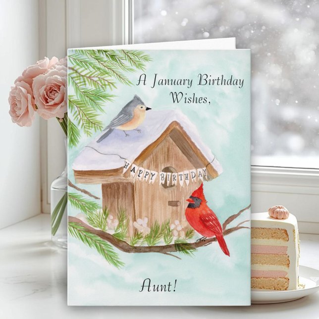 Cartão Aunt Happy January Birthday Birds (Criador carregado)