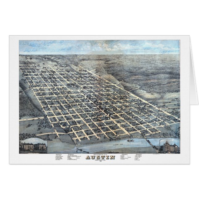 Cartão Austin, Texas Antique Aerial City Map de 1873 (Frente Horizontal)