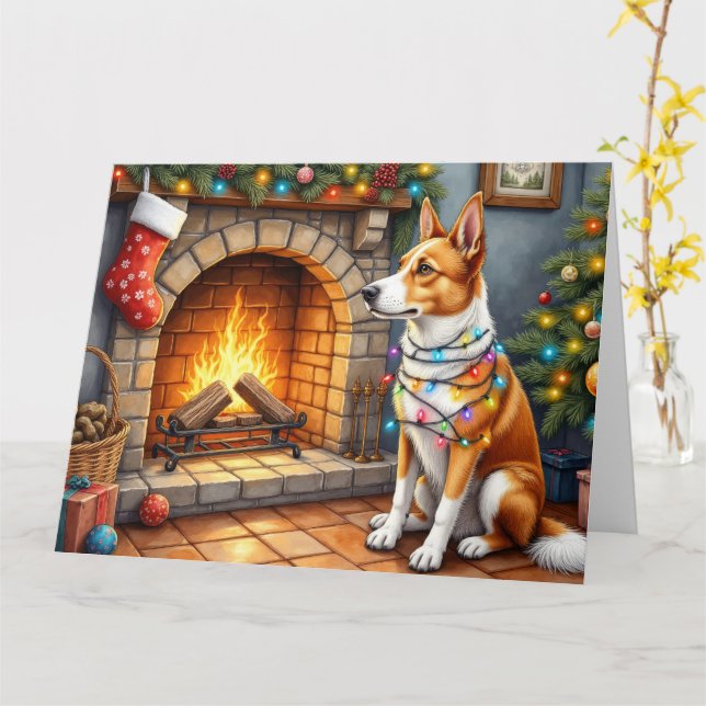 Cartão Australian Kelpie Fireplace with Christmas Lights (Flor Amarela)