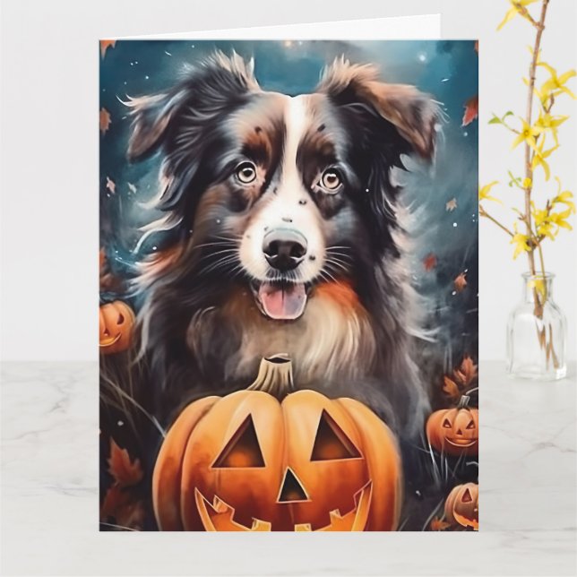 Cartão Australian Shepherd de Halloween com Abóboras Assu (Flor Amarela)