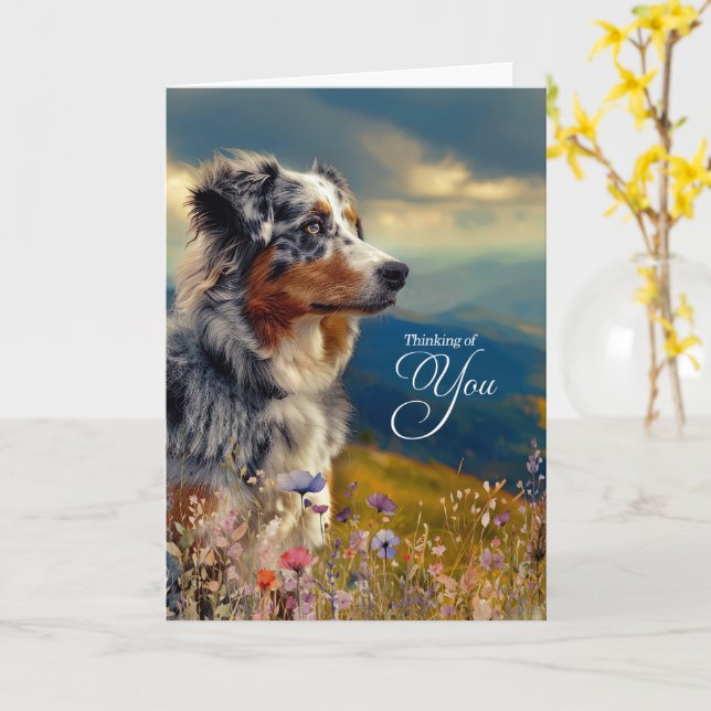 Cartão Australian Shepherd Dog Mountains Thinking of You (Flor Amarela)