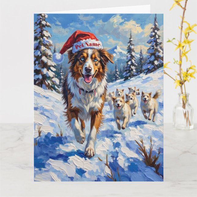 Cartão Australian Shepherd Herding Snowballs with Santa (Flor Amarela)