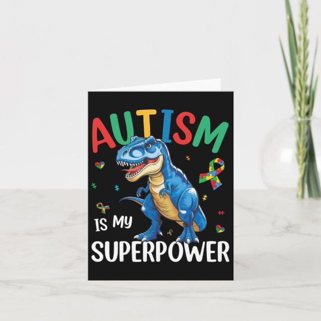Cartão Autismo É Meu Superpoder Dinossauro T-rex Autismo  (Frente)