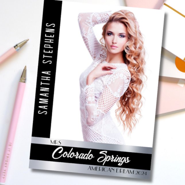 Cartão Autográfico Personalizado para Pageants | O (Pageant Autograph Card Template | Silver Shine Customizable design for comp cards pageants)
