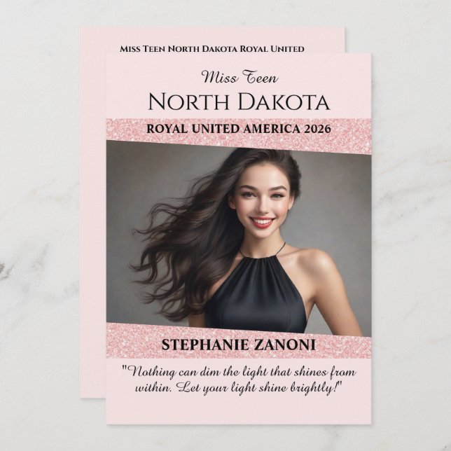 Cartão Automático para Pageants | Rosa Glitter Gli (Frente/Verso)