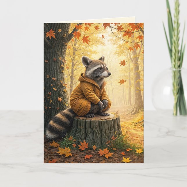 Cartão Autumn Birthday Raccoon Em Tree Stump (Frente)