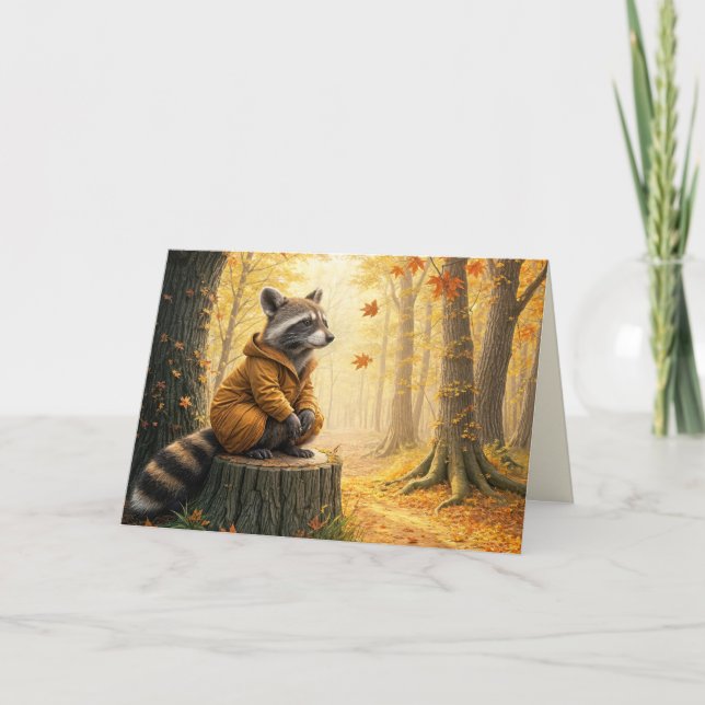 Cartão Autumn Birthday Raccoon Em Tree Stump (Frente)