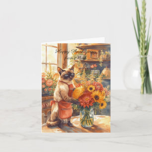 Cartão Autumn Cat com Flores Queda Estação de Ação de Gra