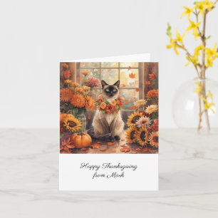 Cartão Autumn Cat com Flores Queda Estação de Ação de Gra