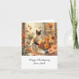 Cartão Autumn Cat com Flores Queda Estação de Ação de Gra