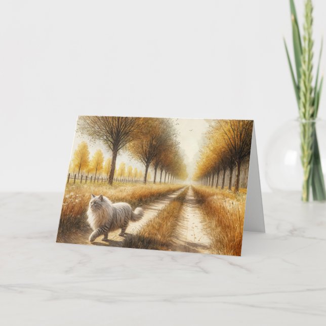Cartão Autumn Cat Descendo Estrada de Sujeira (Frente)
