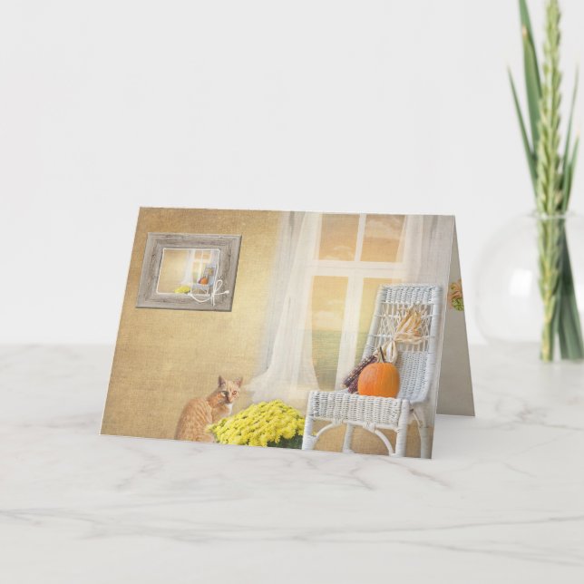 Cartão autumn cat with window-thinking of you (Frente)