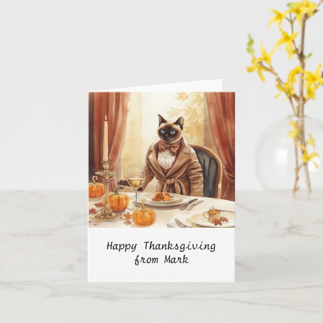 Cartão Autumn chic Siamese Cat Hostess cat em janto (Flor Amarela)