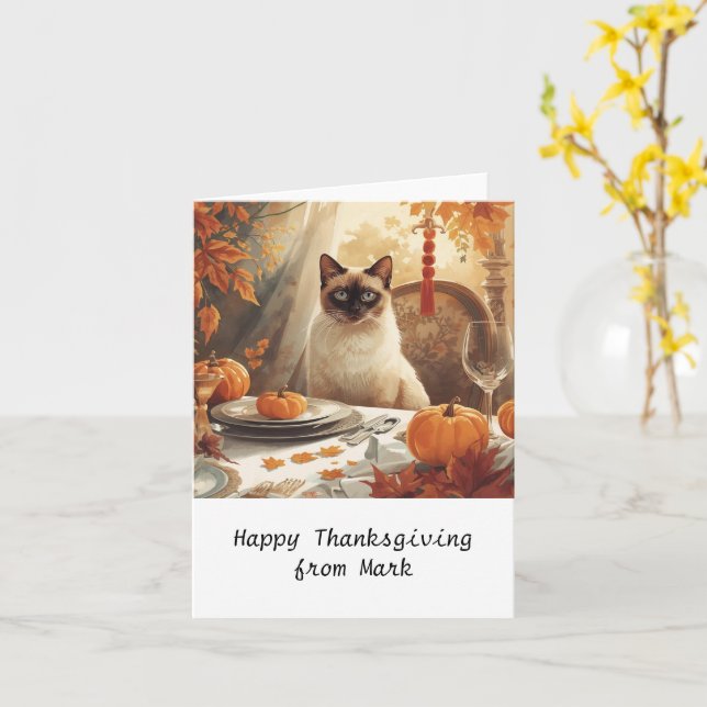 Cartão Autumn chic Siamese Cat Hostess cat em janto (Flor Amarela)