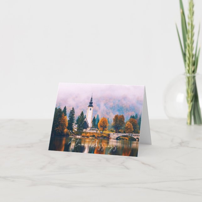 Cartão Autumn Church e bridge com texto personalizado (Frente)