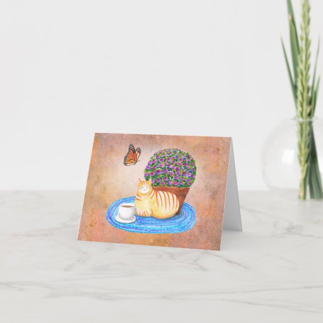 Cartão Autumn Greeting Cat and Monarch Butterfly Serene  (Frente)