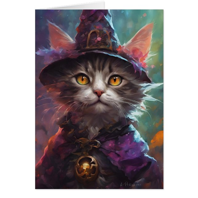Cartão Autumn Halloween Kitten em uma fantasia de bruxa (Frente)
