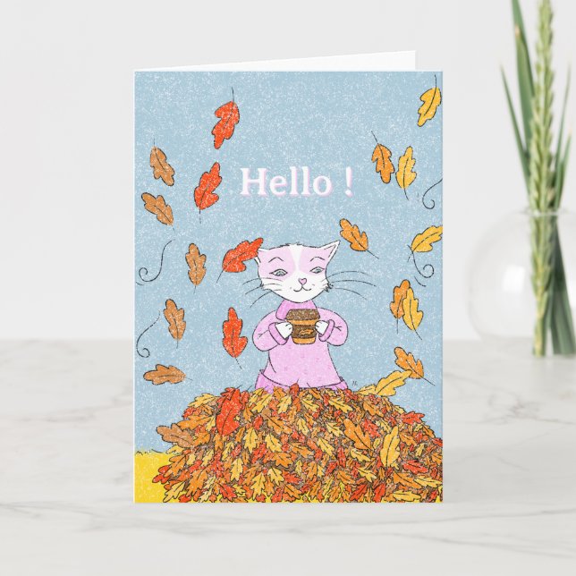 Cartão Autumn Leaves and Graceful Cat Blank Greeting Card (Frente)