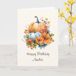 Cartão Autumn Pumpkins com Flores e Folhagem Aniversário