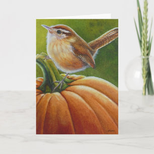 Cartão Autumn Wren Bird em Orange Pumpkin Watercolor Art