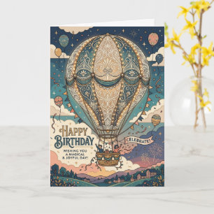 Cartão Aventura de Balão de Ar Quente Steampunk de Aniver